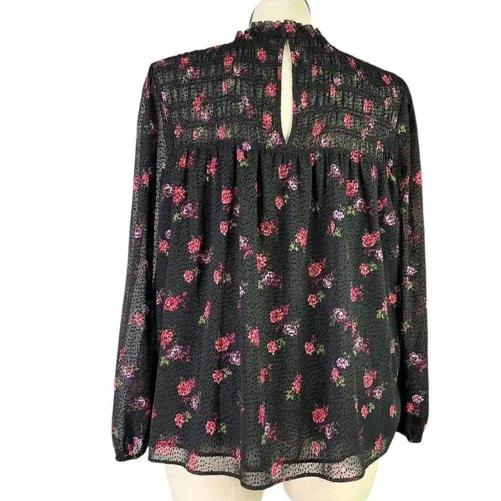 Banana Republic Top Women L Black Red Floral Velvet Dot Smocked Ruffle Collar